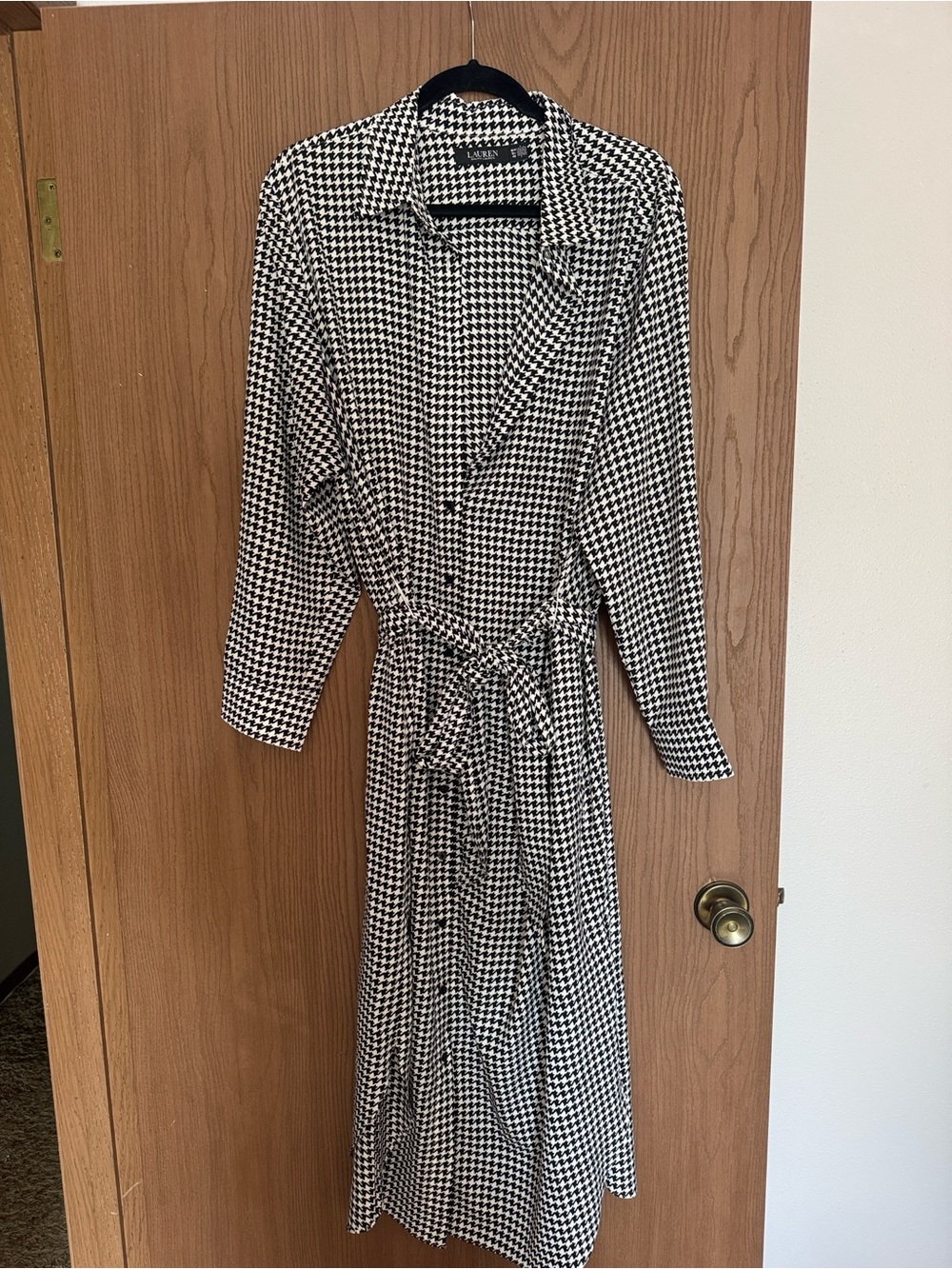 Lauren Ralph Lauren Black and White Houndstooth Long Sleeve Midi Dress